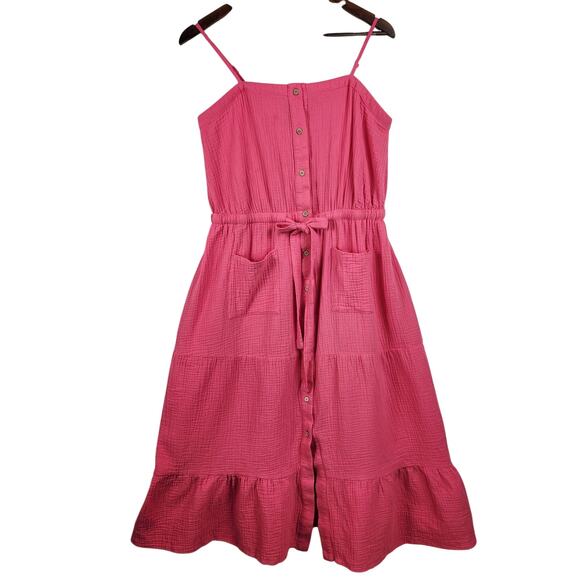 Laurel Grey Dress Women’s SZ M Pink Button Front Tie Waist Tiered Cotton EUC - Picture 1 of 16